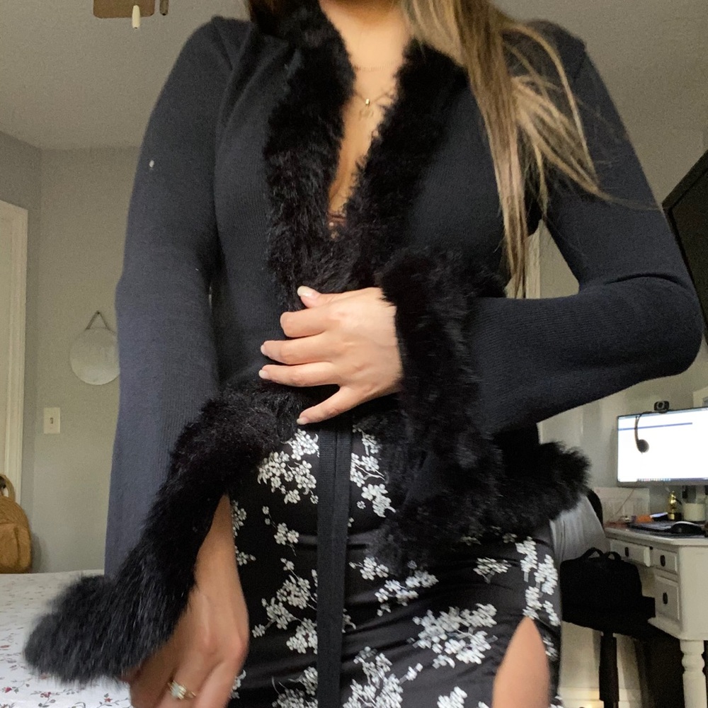 wrap sweater with fuzzy bell sleaves